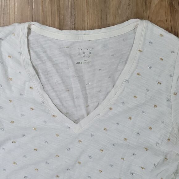 💜A New Day Cream w/Gold & Silver Metallic Polka Dots Short Sleeve Top Small - Picture 3 of 8